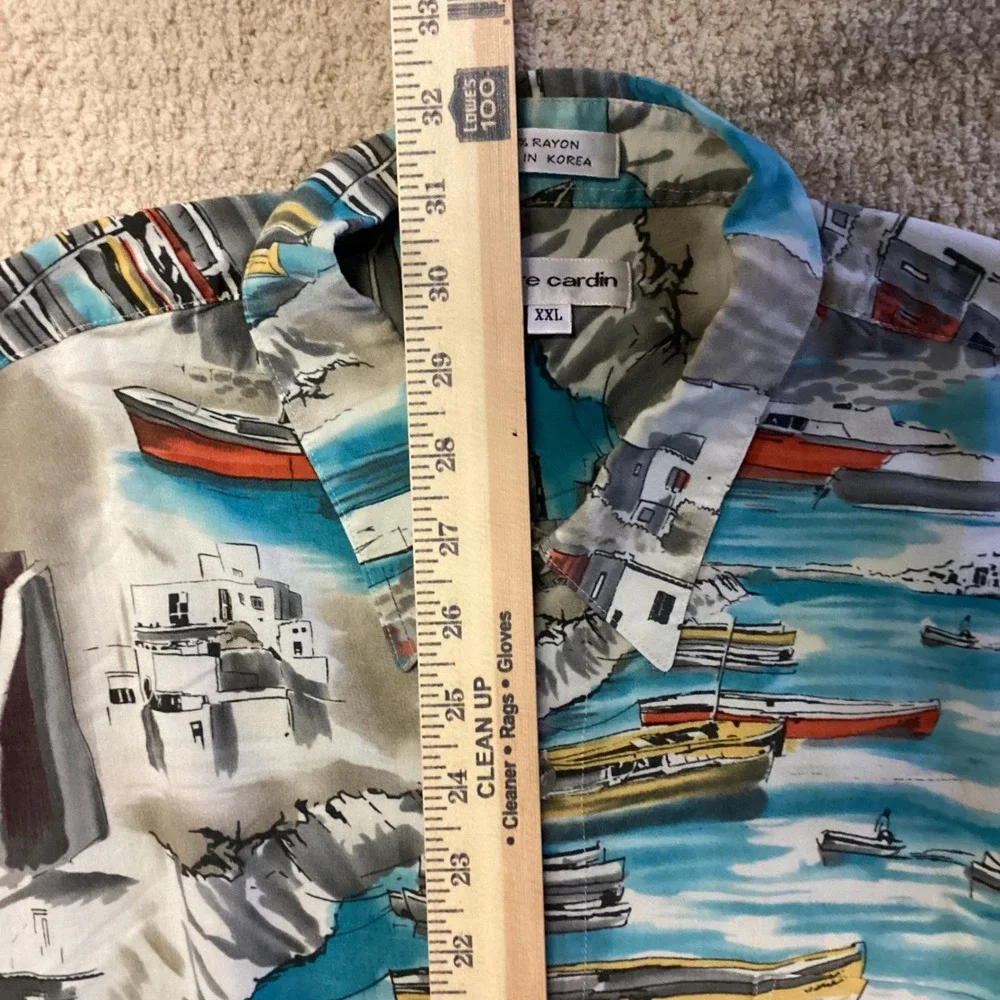 Pierre Cardin Mens XXL Rayon Button Down Shirt Coastal‎ Boat Harbor Scenic Print